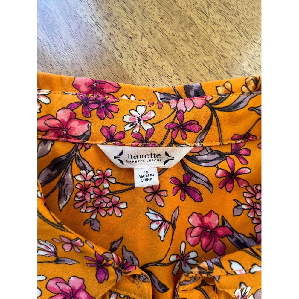 Nanette Lepore Orange Floral Pintuck Sleeveless Shirt Dress Size 10 Belted Knee - Picture 5 of 10